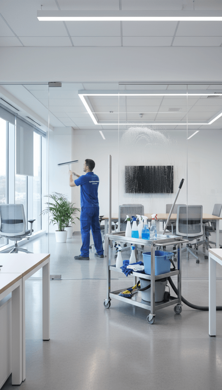 Commercial office cleaning professional at work