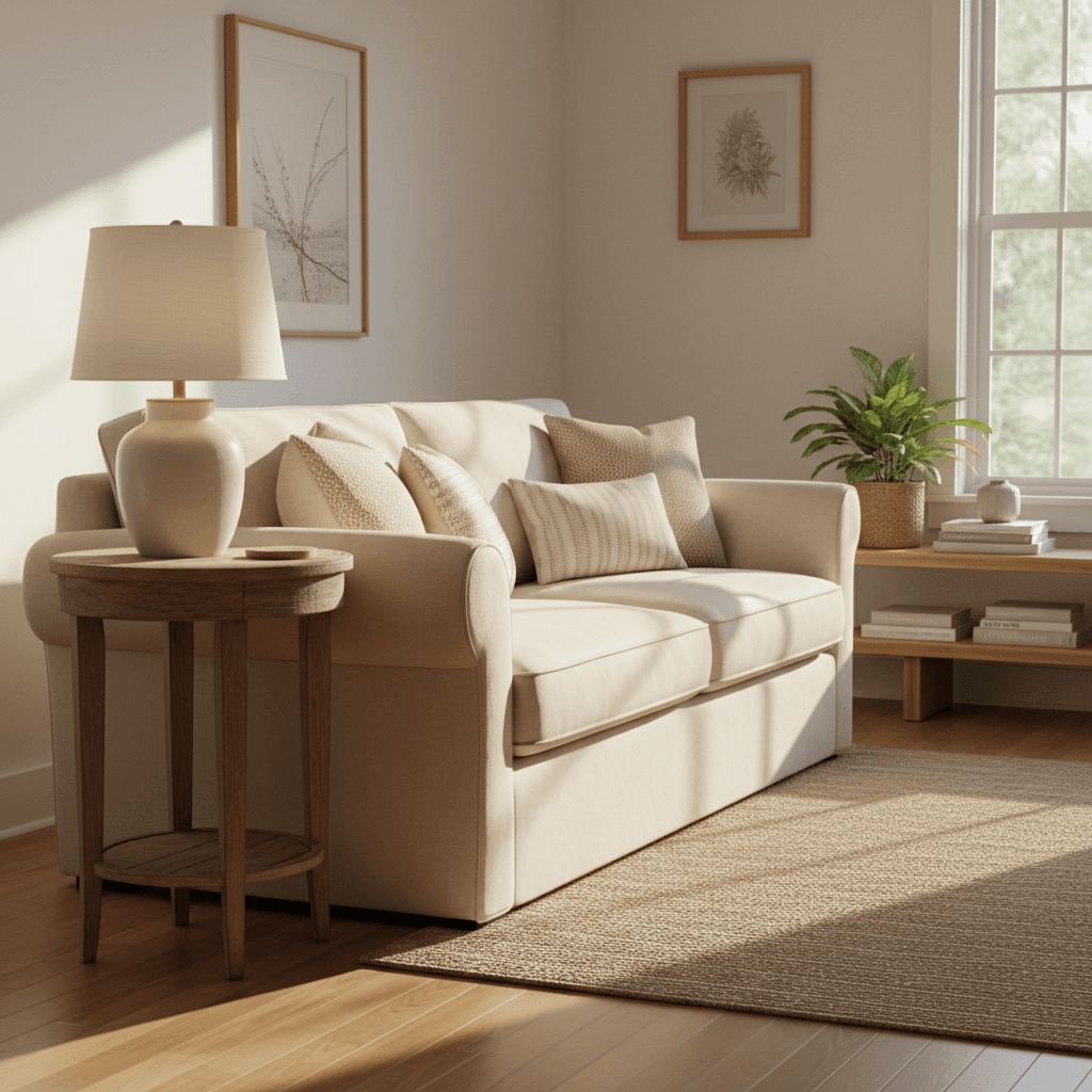 Bright, organized living room with fresh clean surfaces
