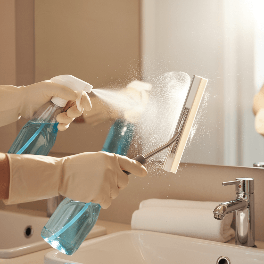 Hands cleaning a bathroom mirror with squeegee and spray