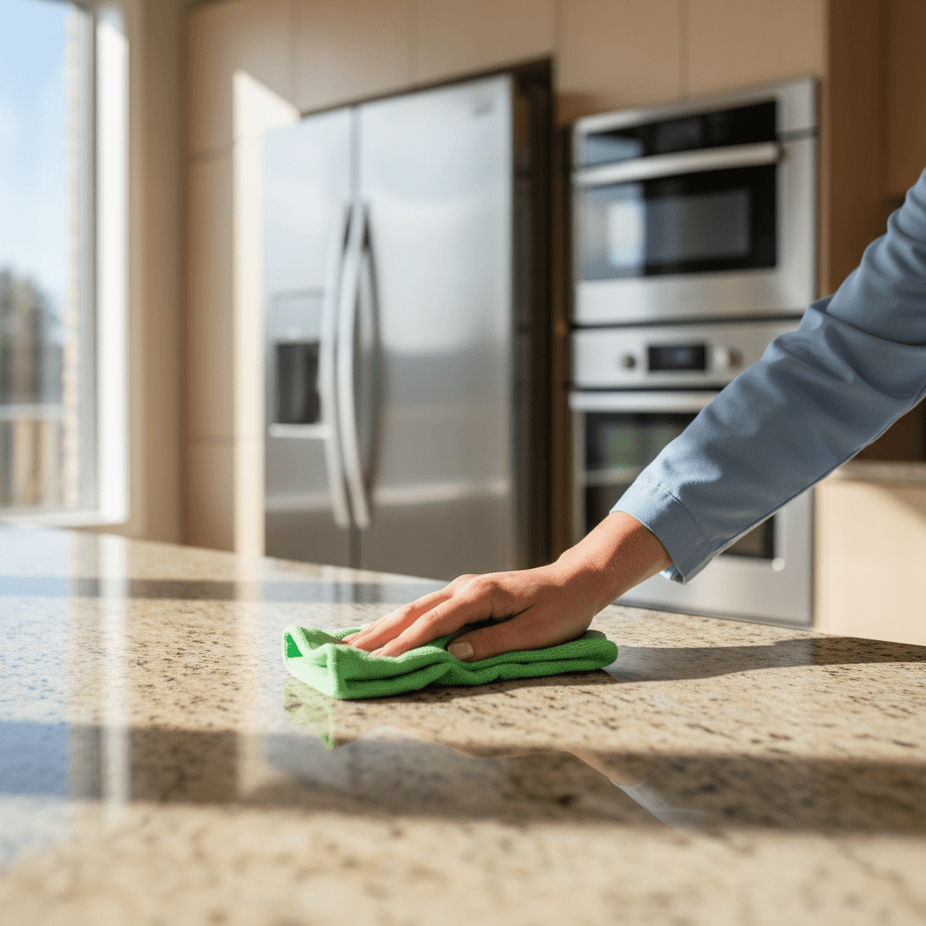 Cleaning professional polishing kitchen countertop