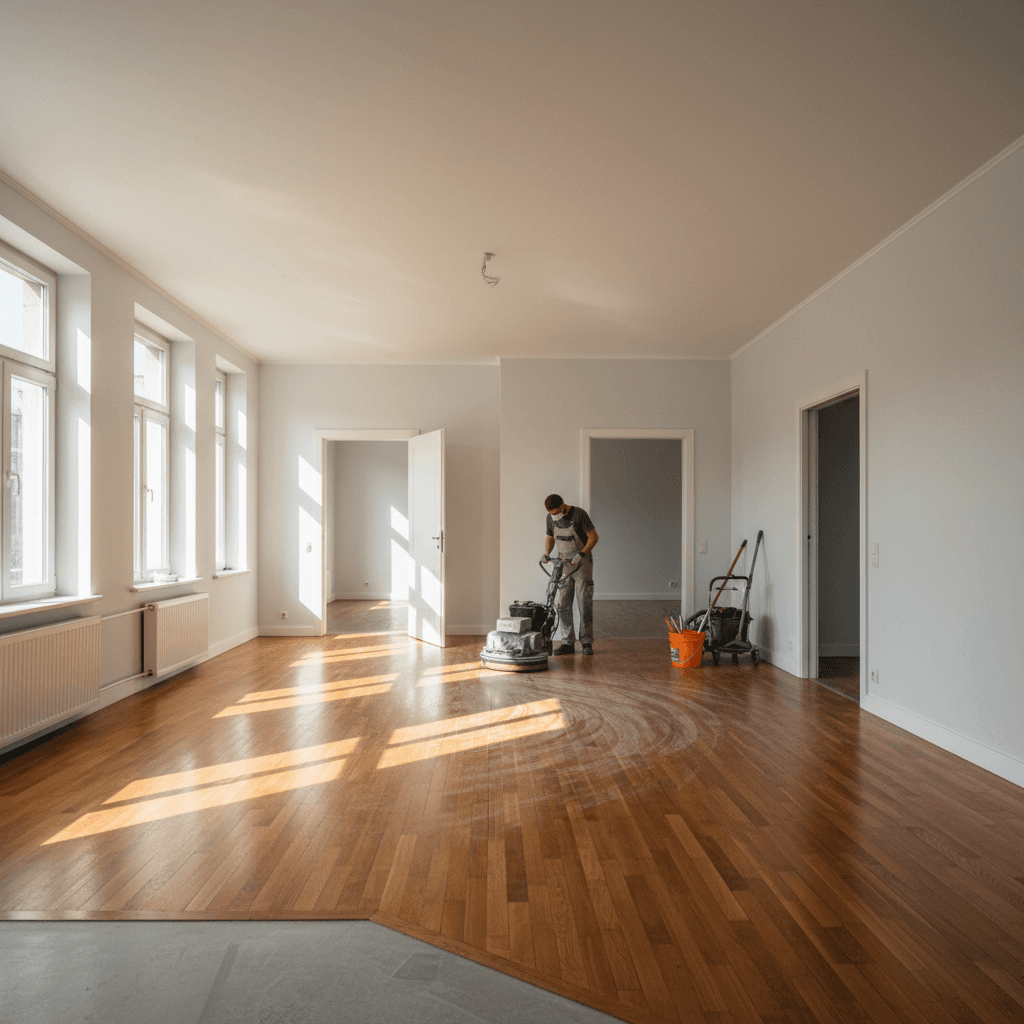 Professional cleaning an empty residential room with bright sunlight