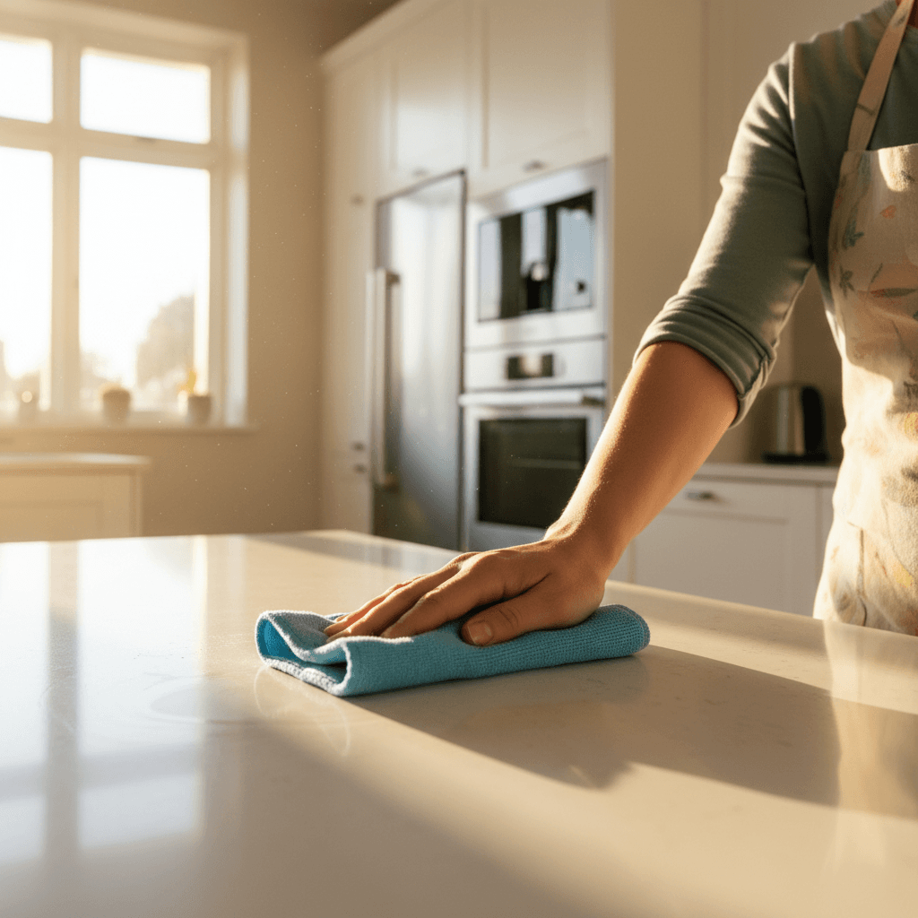 Professional wiping down a clean kitchen counter