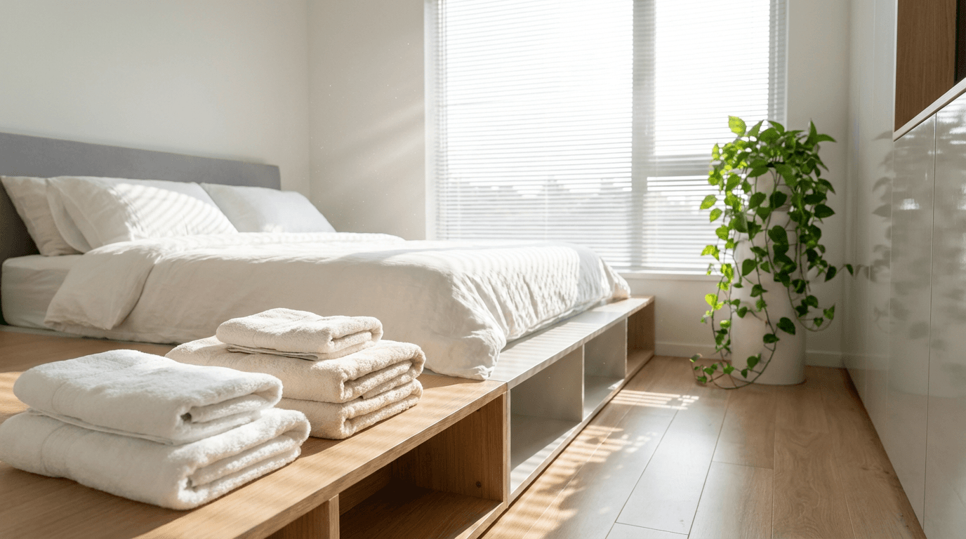 Professional cleaner arranging fresh bedding