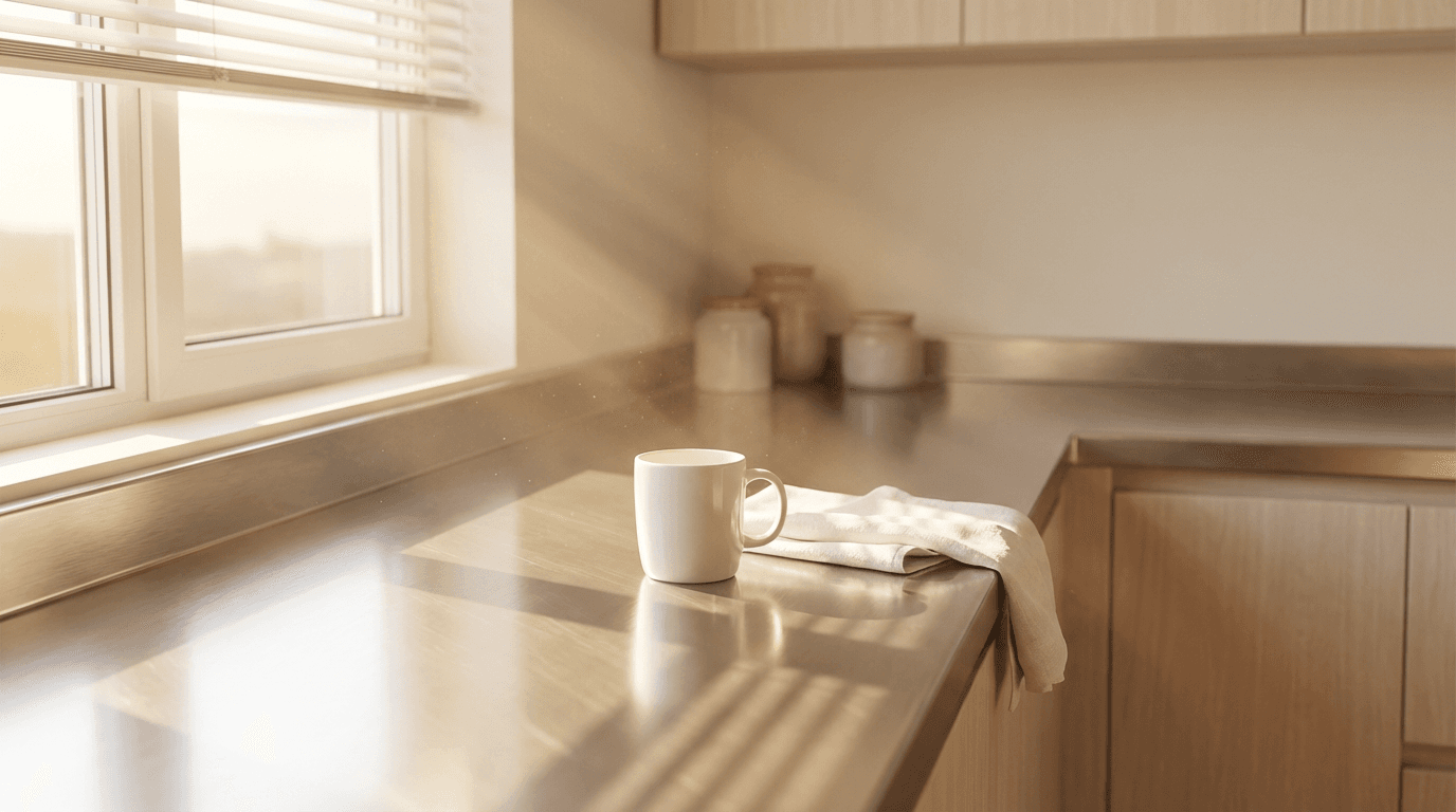Professional cleaner carefully wiping down a bright, modern kitchen countertop