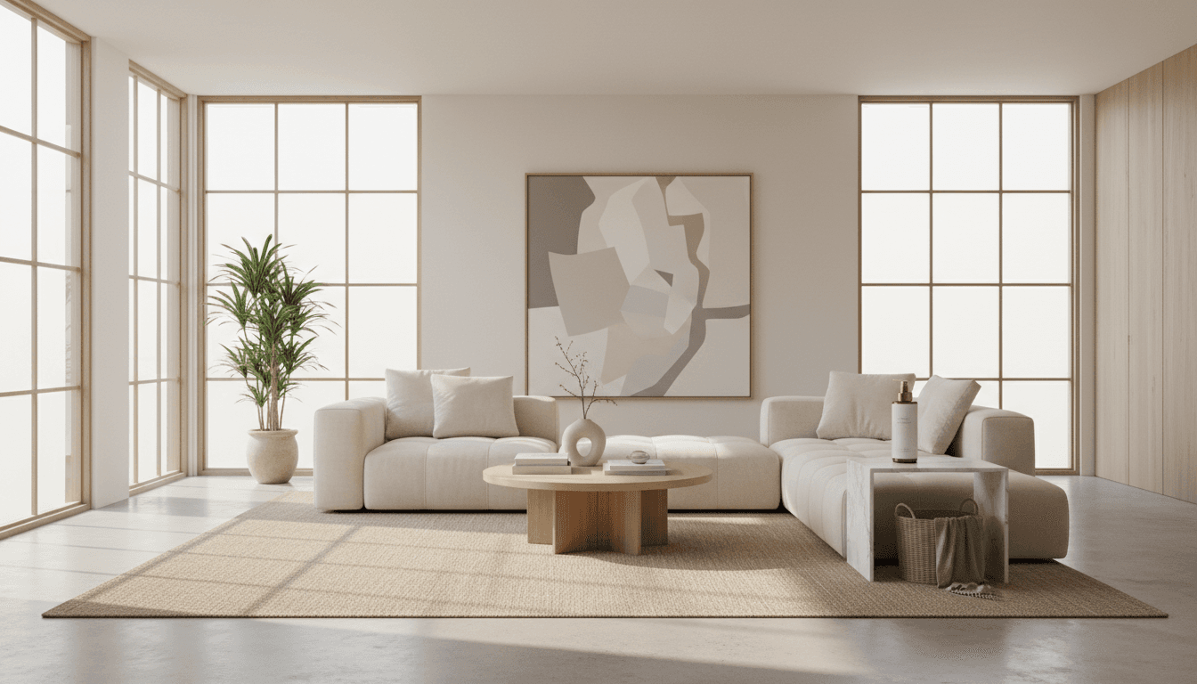 Arranging cushions on a sofa in a bright, clean living room