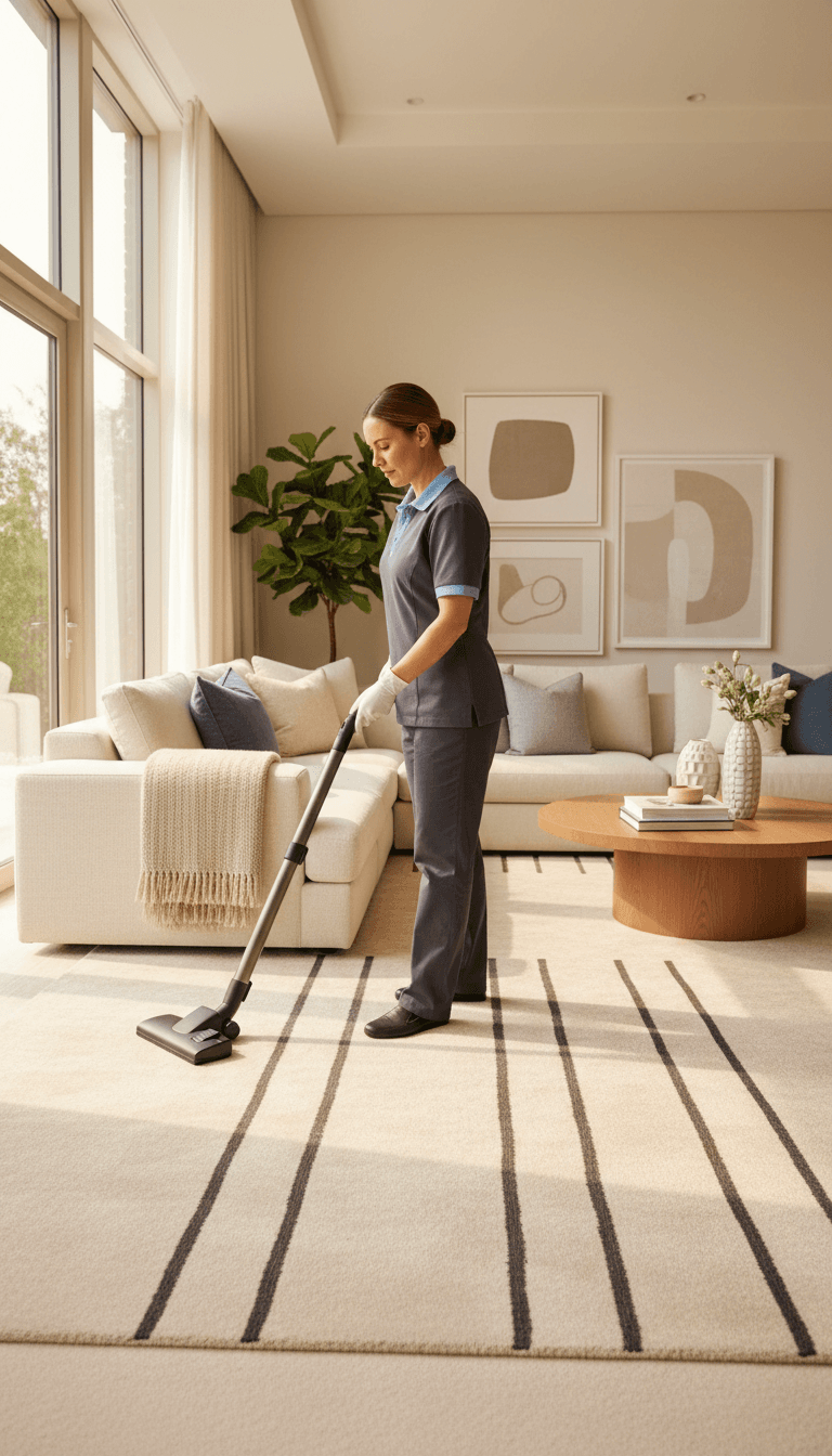 Professional cleaner vacuuming residential carpet
