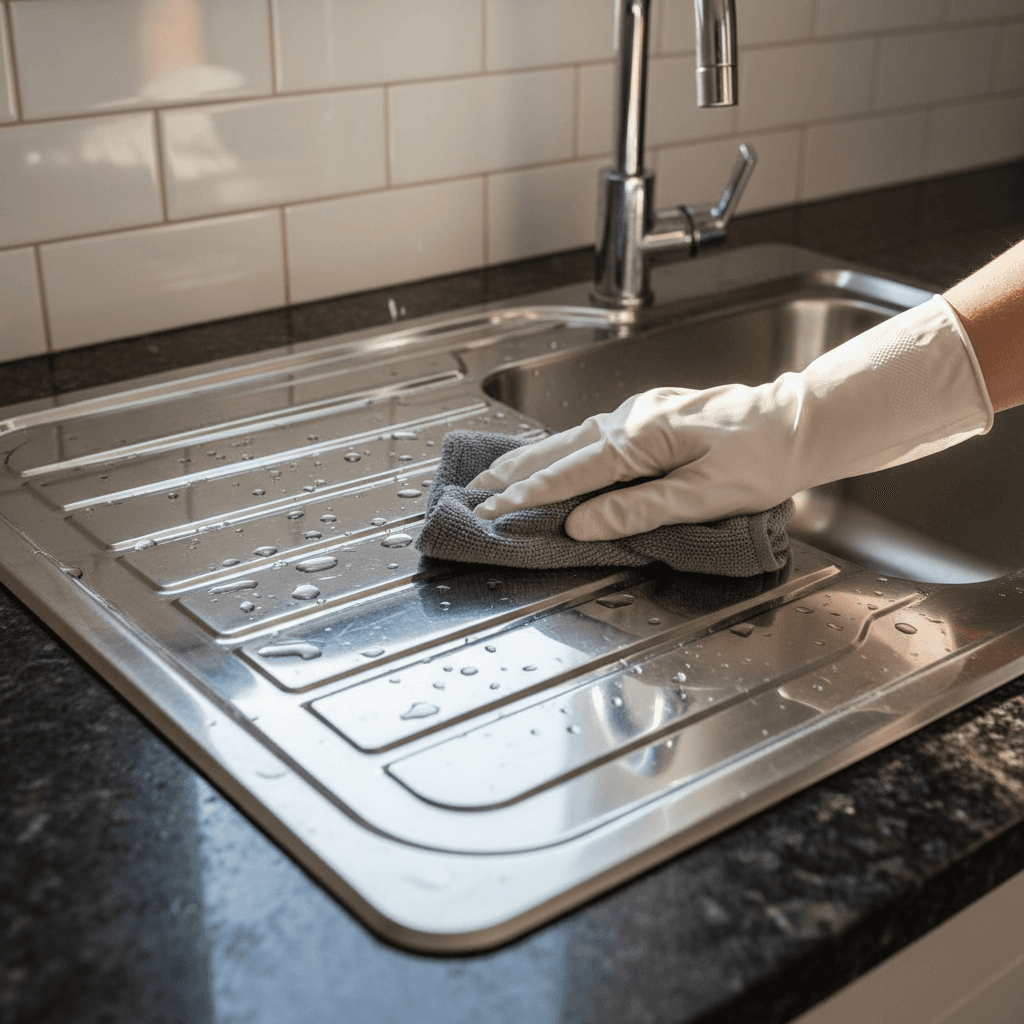 Close-up of detailed sink and faucet cleaning
