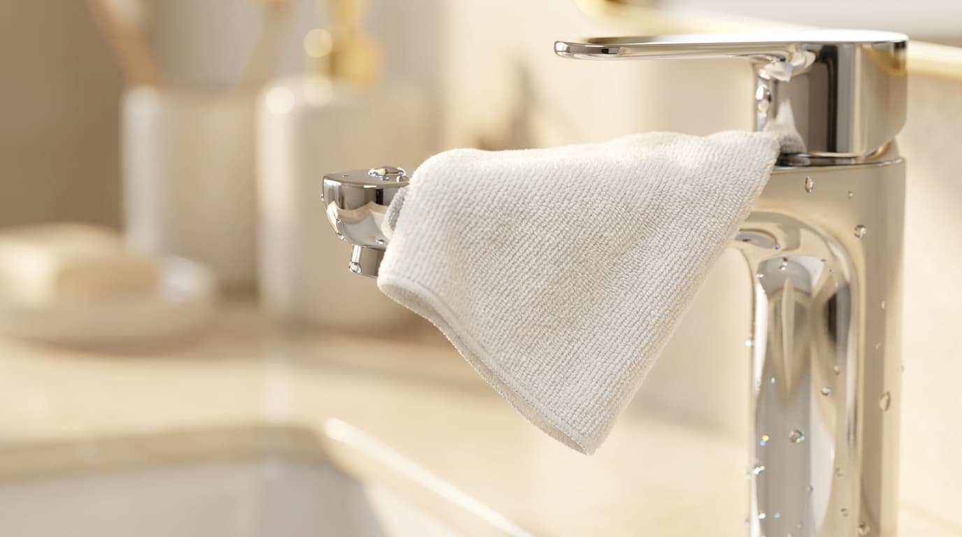 Hands cleaning a bathtub with a microfiber cloth
