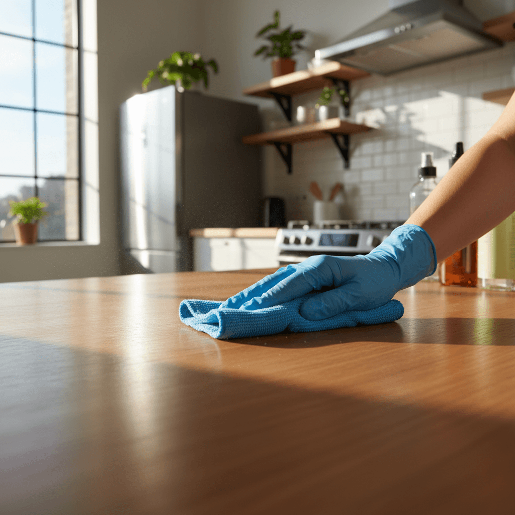 Professional cleaner maintaining a residential kitchen with weekly service