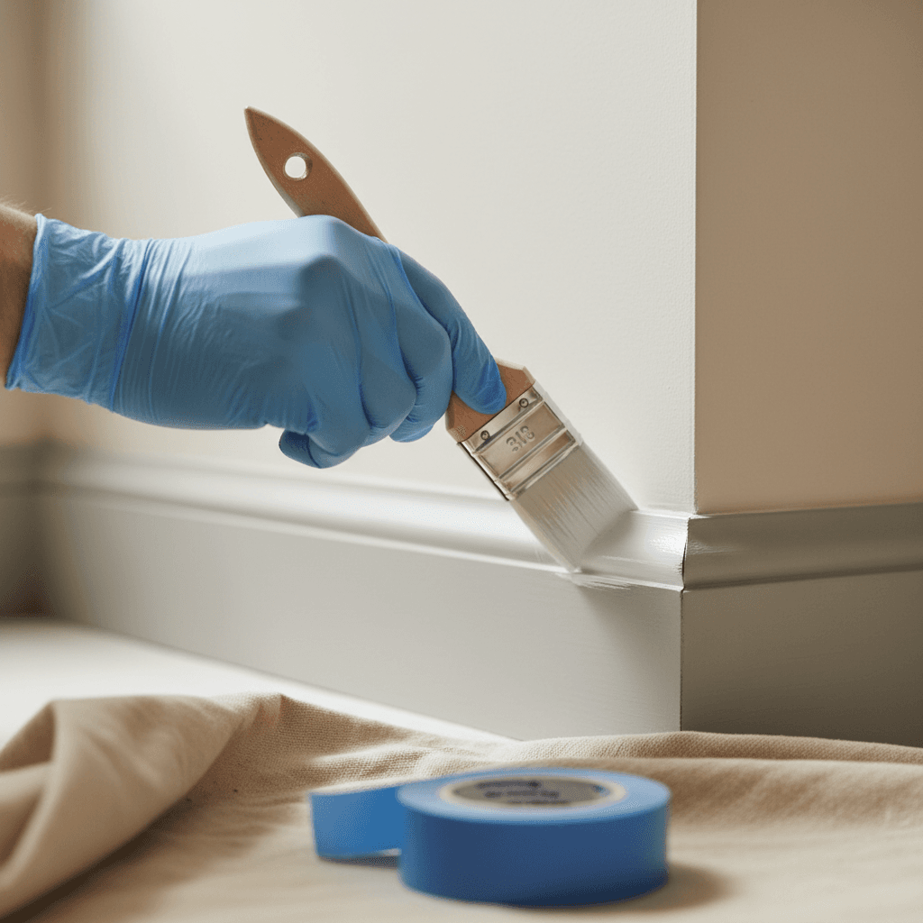 Hands wiping down freshly installed white trim after renovation