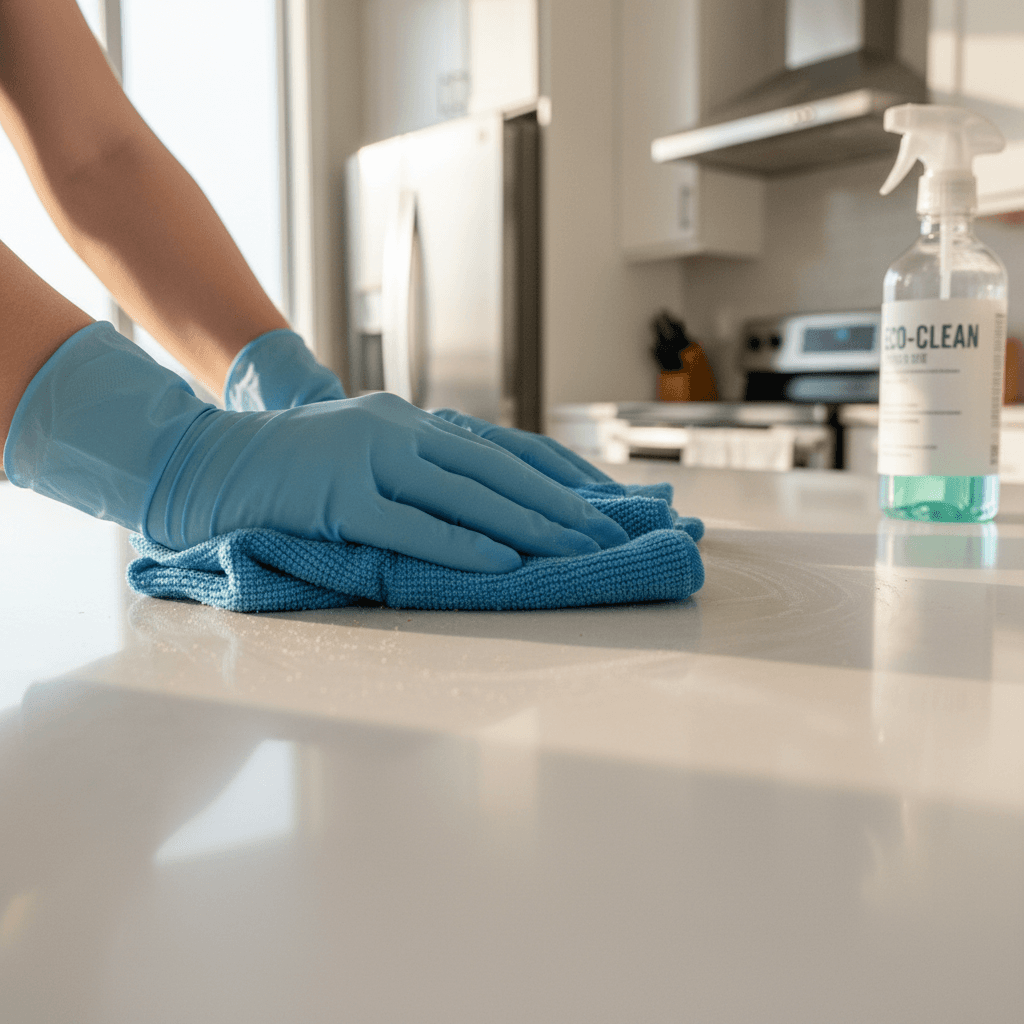 Clean kitchen counter after professional residential cleaning service