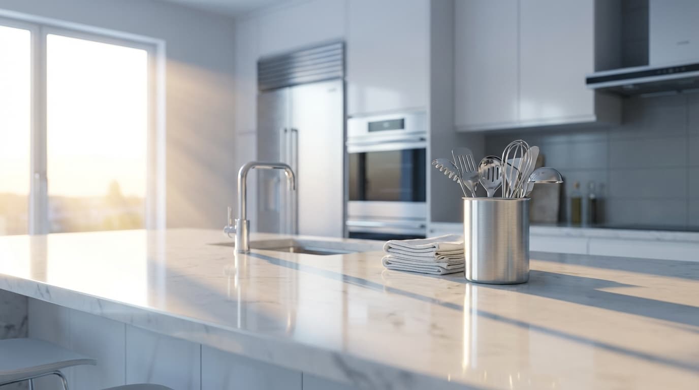 Professional cleaner wiping down a clean kitchen countertop with precision