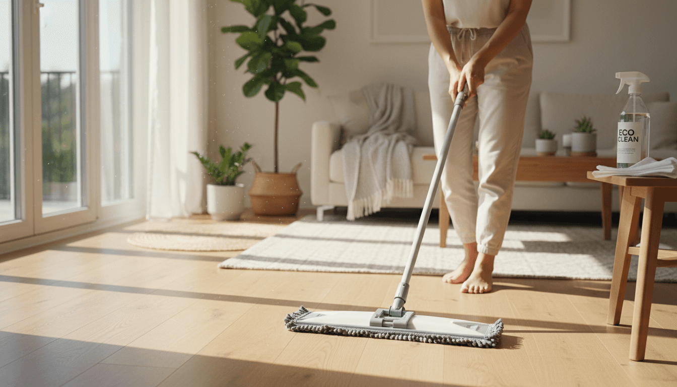 Professional cleaner working in a residential home with natural sunlight